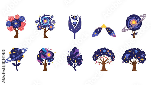 Whimsical Space Galaxy Themed Trees and Celestial Floral Designs on White Background