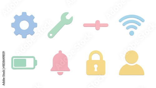 Modern Digital Interface Icons in Soft Pastel Colors Settings Tools Connectivity User and More