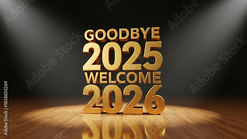 Golden text symbolizing the hopeful transition from the year 2025 to a prosperous new year 2026, illuminated on a grand stage