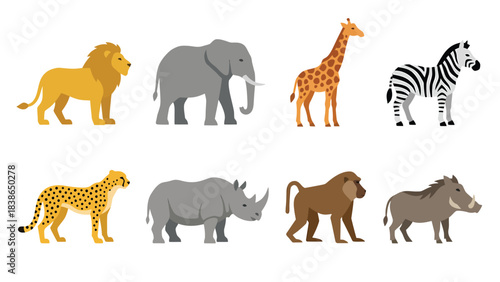 Collection of African Safari Animals in Flat Design Style