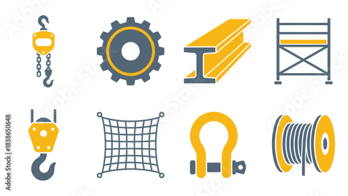 Industrial Equipment and Construction Materials Icon Set Heavy Duty Tools and Machinery Graphics