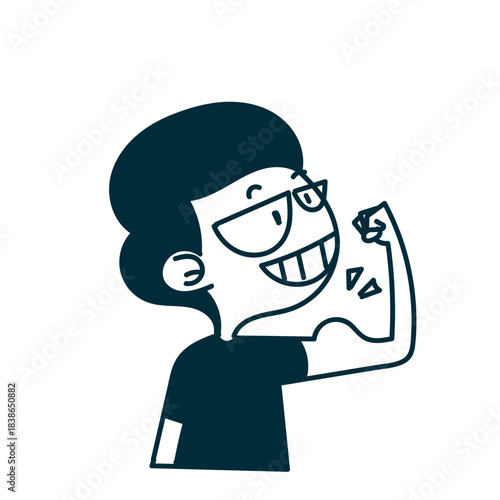 cartoon boy showing off his bicep in doodle hand drawn style