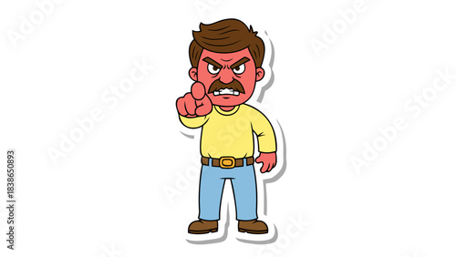 Angry Cartoon Man With Mustache Shouting And Pointing Finger Red Face Yellow Shirt Blue Jeans On Black Background And White Border
