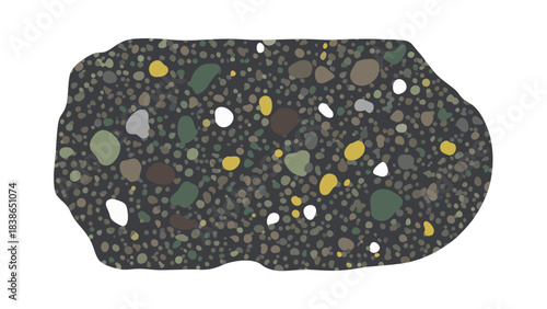 Abstract terrazzo pattern with multicolored pebbles and aggregate embedded in dark gray cement background ideal for construction and design projects