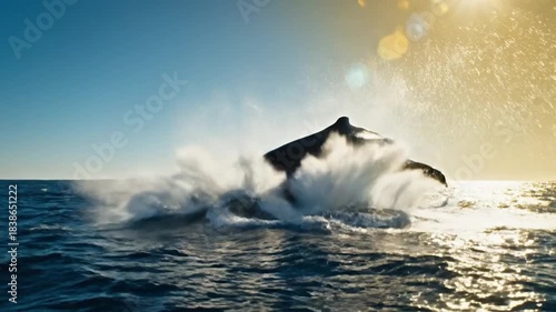 A magnificent whale breaches the water's surface, illuminated by the bright sun, a stunning ocean scene