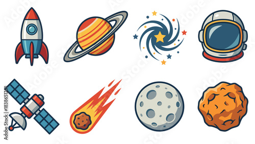 Cosmic Adventure Icons Rockets Planets Astronaut Gear Stars and Celestial Bodies for Space Exploration Designs