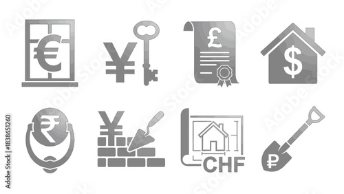 Financial Icons Set Currency Symbols Real Estate Investment and Business Concepts