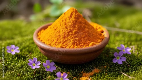 Natural Turmeric Spice: Terracotta Bowl of Bright Yellow Powder Resting on Green Moss with Small Flowers, Herbal Medicine