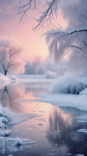 A very cold and magical winter scene. The trees and branches around the river or lake are covered in a thick layer of white frost.