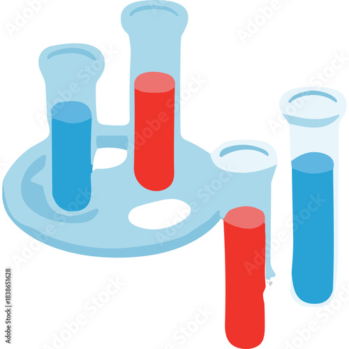 Laboratory test tubes containing blue and red liquids in a light blue rack isometric view clean background