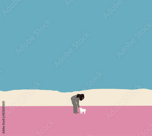 Woman play with white dog in public park spending leisure with pet best friend enjoying weekend at street.