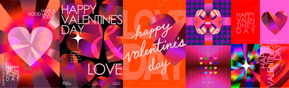 Obraz premium Valentine’s Day poster with glowing gradient 3d hearts, neon colors, modern typography, and romantic abstract shapes for holiday sale, background, greeting card, cover and festive postcard