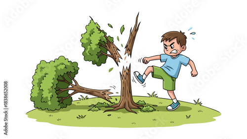 Angry Young Boy Kicking a Tree Causing Damage and Destruction in a Grassy Outdoor Area Under Bright Daytime Lighting
