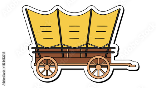 Antique wooden covered wagon with yellow canvas top and spoked wheels on a transparent background detailed illustration of historical transportation and westward expansion icon