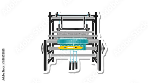 Artistic Illustration of a Wooden Loom With Teal Threads and Yellow Shuttle Detailed Craftsmanship Showing Textile Creation Process Against a Black Background