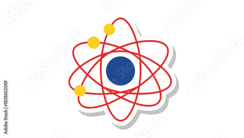 Atom Symbol With Red Orbitals Yellow Electrons And Blue Nucleus On White Background With Shadow Sticker Style