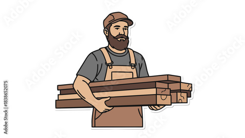Bearded Carpenter Wearing Overalls and Cap Carrying Stack of Wooden Planks with a Black Background and White Outline