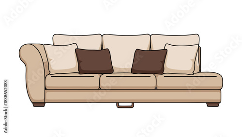 Beige Three Seater Sofa with Two Brown Square Cushions and Two Cream Square Cushions Against a Black Background