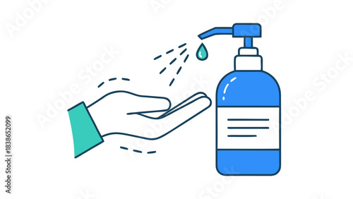 Black hand with teal sleeve pressing blue pump dispenser of hand sanitizer with green drop falling and spray on black background