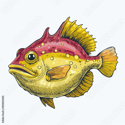 Detailed Illustration Of A Red And Yellow Pufferfish With Yellow Fins And Spikes Against A White Background