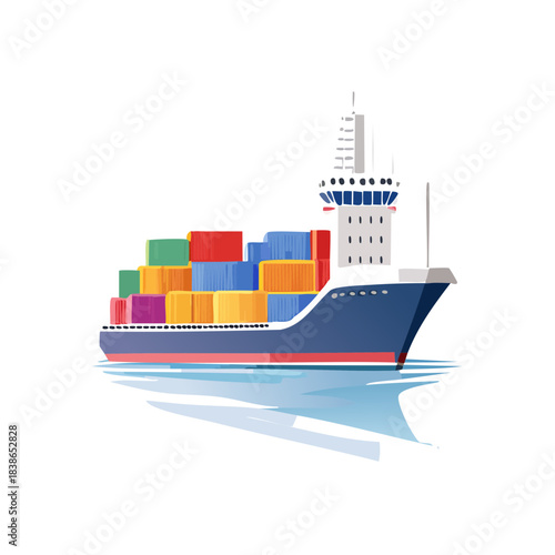 Commercial cargo ship transporting colorful containers across the ocean, illustrating global trade and logistics