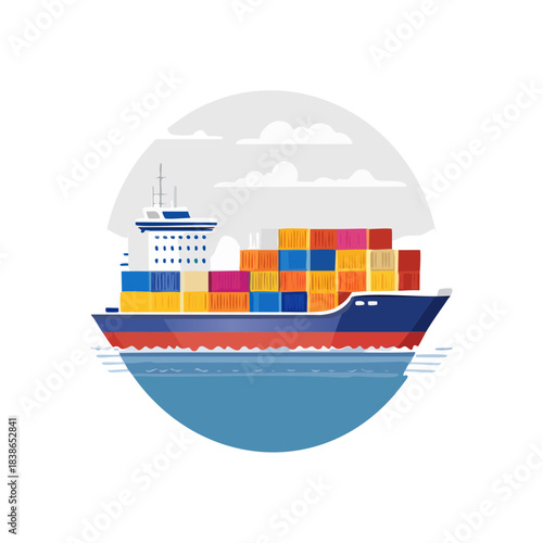 Vast cargo ship carrying colorful containers sails on a calm sea under a cloudy sky, symbolizing global trade and logistics