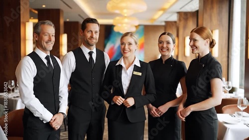Smiling professional hospitality team portrait offering excellent service in restaurant setting