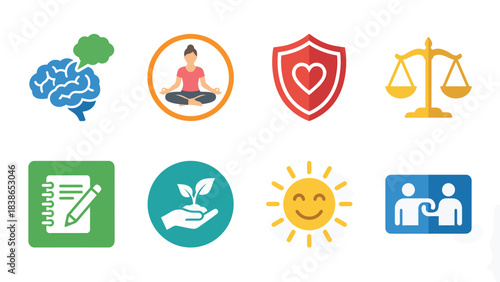 Set of Icons Representing Mental Health Wellness Protection Justice Productivity Growth Happiness and Partnership