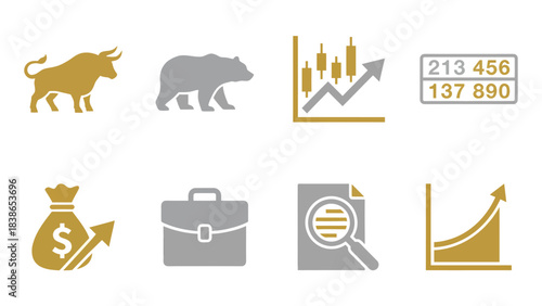 Financial Market Symbols Bull and Bear Growth Charts Money Bag Portfolio Analysis Icons