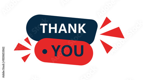 Bold Graphic Design Featuring the Words Thank You in Contrasting Blue and Red Shapes with Red Starburst Accents on Black Background