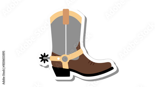 Brown and Grey Cowboy Boot with Spur Detailed Stitching Against a Black Background Vector Graphic