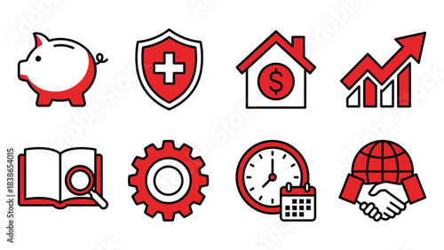 Financial Icons Set Savings Security Investment Growth Research Mechanic Time Partnership
