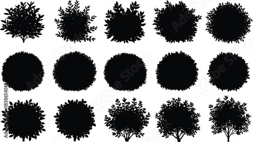 Set of 15 black shrub bush silhouettes; garden, park and forest tree vector collection, plant landscape element, isolated on white.