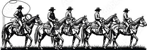 Cowboys riding horses silhouette in a row; western riding, ranch work, group of riders, lasso, black and white vector graphic.
