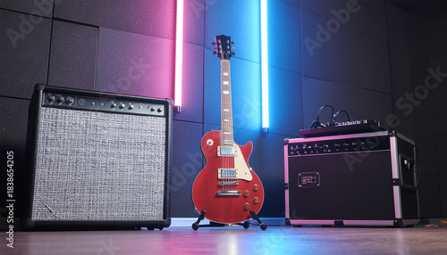 Red electric guitar and amplifiers illuminated by vibrant neon lights
