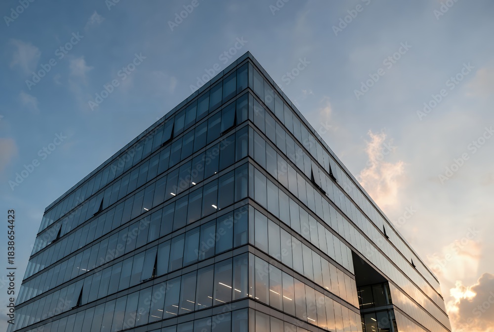 Fototapeta premium Modern Glass Office Building Exterior with Dramatic Sky