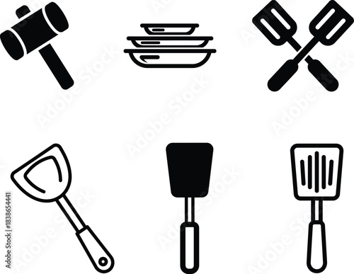  A collection of essential black icon cooking and kitchen utensils including a meat tenderizer