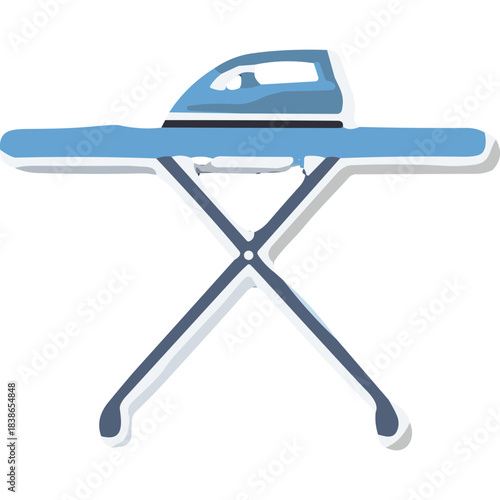 Light Blue Metal Ironing Board With White Trim Set Up For Use On A Black Background With An Iconic Steam Iron Resting On Top