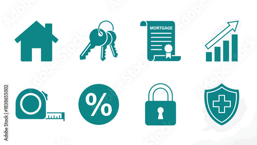Real Estate Icons Set Home Keys Mortgage Growth Measurement Finance Security Protection