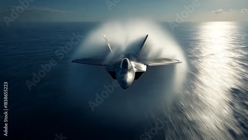 Powerful fighter jet breaks sound barrier over vast ocean creating impressive vapor cone with sunlit waves