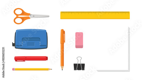 Essential School Supplies and Office Stationery Tools Arranged Flat Lay