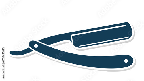 Classic barber straight razor for shaving and grooming with a sharp blade and foldable handle in a dark blue silhouette with a white outline on a black background signifying a vintage tool for