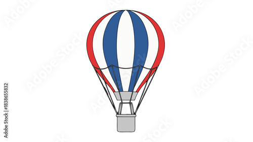Classic Hot Air Balloon with Red White and Blue Stripes and a Wicker Basket Floating Against a Solid Black Background Ideal for Travel and Adventure Themes