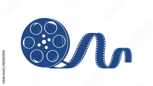 Classic Blue Film Reel with Unwinding Tape Against Black Background Cinematic Symbol Vintage Movie Production Nostalgia