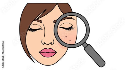 Close-up illustration of a woman's face with closed eyes viewed through a magnifying glass highlighting skin blemishes and acne on her cheek and nose area isolated on black background