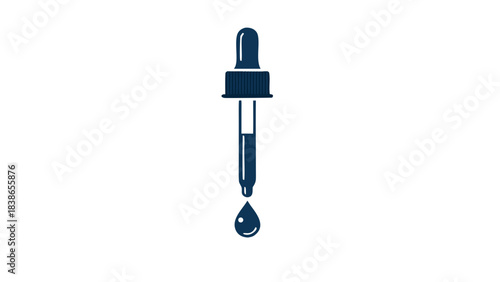 Close up of a dark blue eyedropper with a single drop of liquid falling from the tip against a stark black background symbolizing medicine science or laboratory experiment