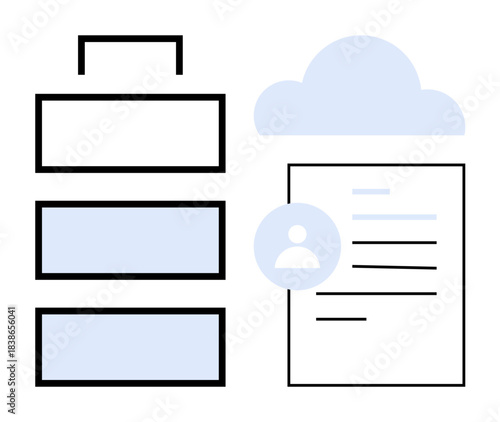 Data management, cloud storage, user profiles, digital records, information organization, technology solutions. Stack of data blocks, cloud icon document and user symbol. Data management and cloud