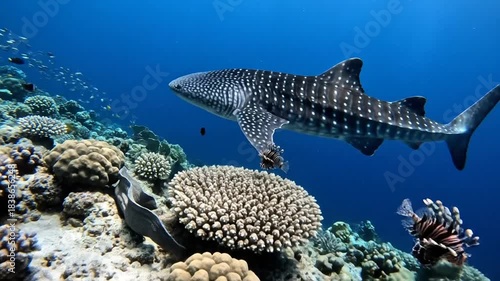 A vibrant underwater scene showcasing diverse marine life swimming near coral reefs