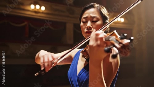 A woman in a blue gown plays the violin on stage. The scene is illuminated by stage lights