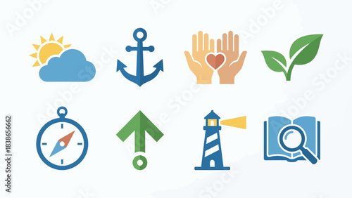 Collection of Vibrant Icons Representing Nature Guidance Growth and Knowledge